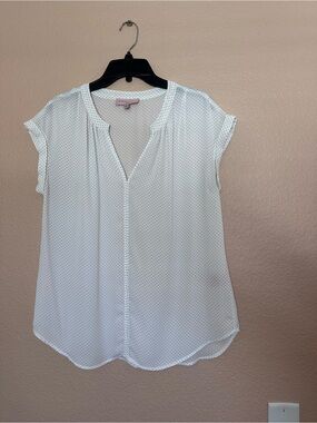 Philosophy White and Black Polkadot Cap-Sleeve V-Neck Blouse